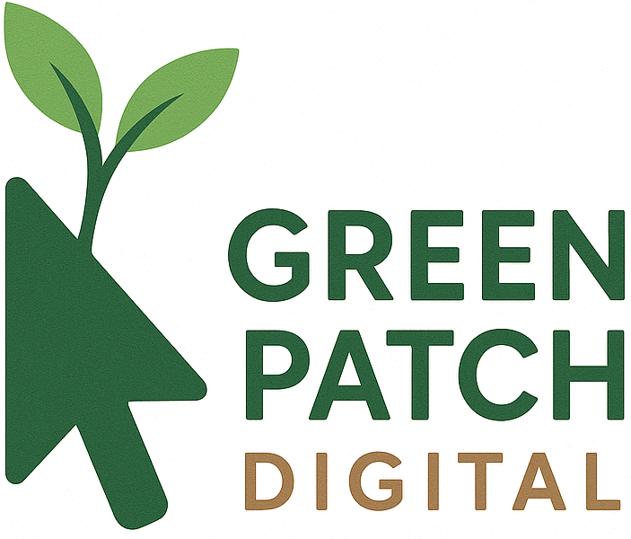 Green patch digital logo, cursor with plant sprouting out